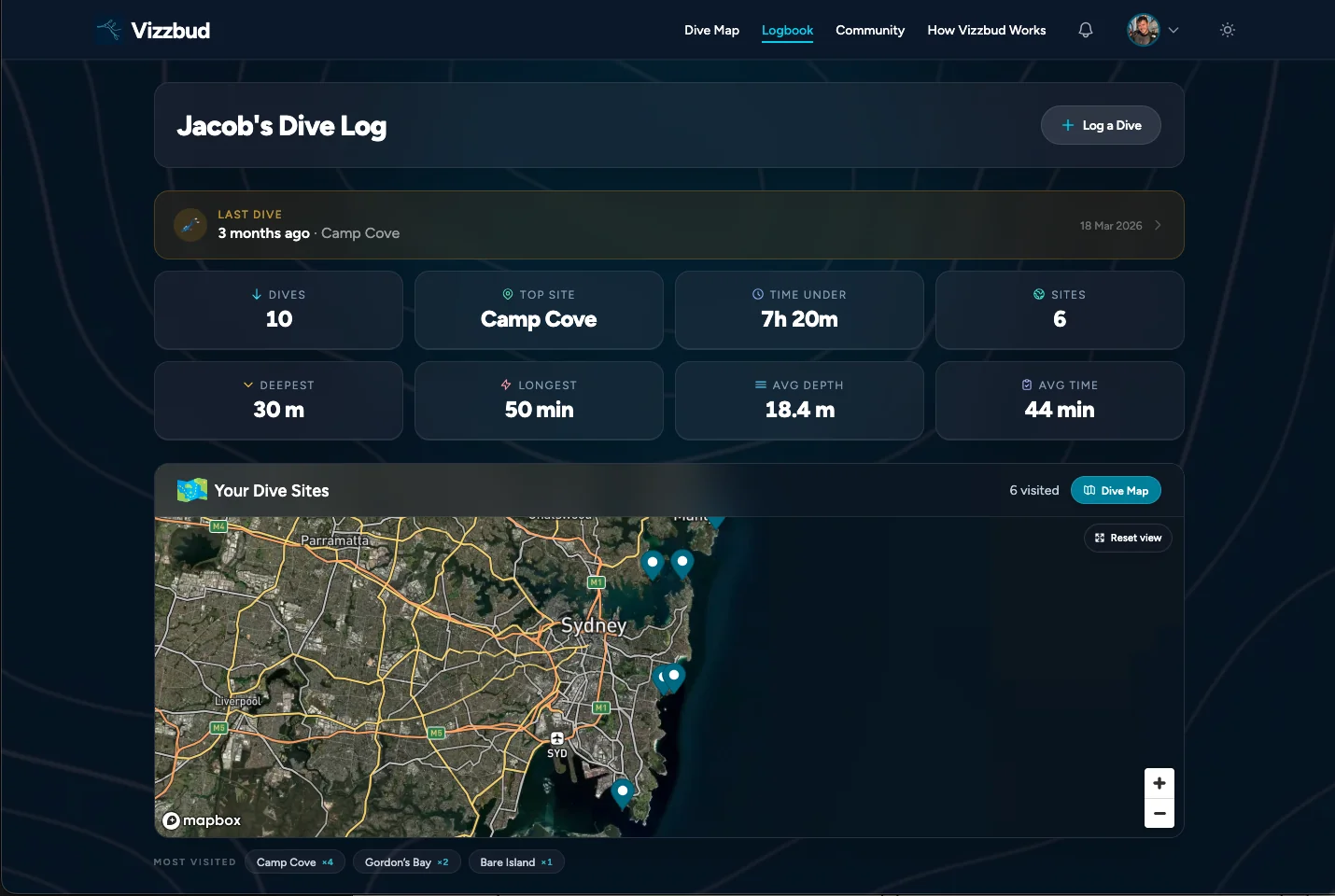 Streamlined dive log to record dives quickly